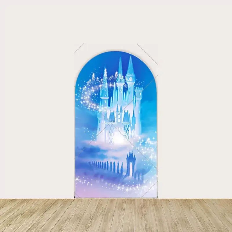 Right backdrop with a magical castle surrounded by sparkling stars, creating a dreamy fairy-tale scene for a Cinderella-themed event.