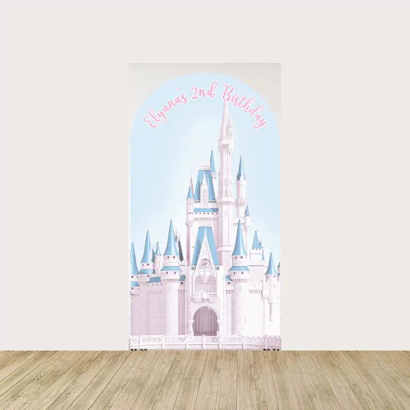 A grand princess castle with pink and blue hues, labeled with "Elyana’s 2nd Birthday," embodying a royal and whimsical atmosphere.