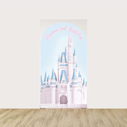 A grand princess castle with pink and blue hues, labeled with "Elyana’s 2nd Birthday," embodying a royal and whimsical atmosphere.