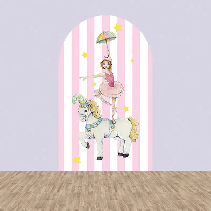 Left panel with pink-and-white stripes and a ballerina riding a white horse holding an umbrella—circus-themed party decoration for girls.