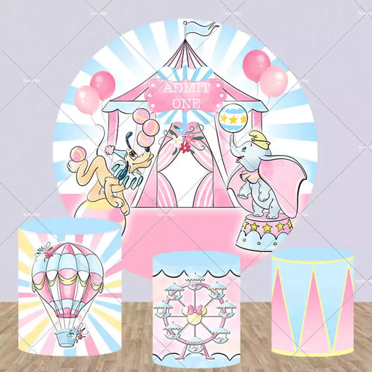 Circus-themed round backdrop featuring whimsical circus performers, a big top tent, and three matching cylindrical pedestal covers with designs of hot air balloons, Ferris wheels, and circus drums.