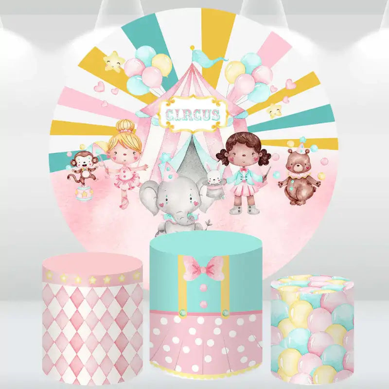 Round backdrop featuring circus animals and performers, paired with three cylindrical pedestal covers with pastel designs