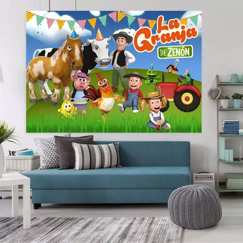 Festive farm fiesta backdrop displaying a joyful gathering of cartoon farm animals and a farmer, perfect for a child’s birthday celebration.