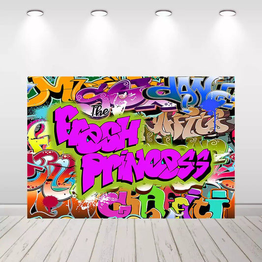 Colorful graffiti "Fresh Princess" themed birthday backdrop for girls.