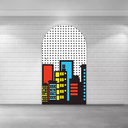 Right panel featuring a continuation of the comic skyline with colorful high-rise buildings over a dotted background—great for superhero decor setups.