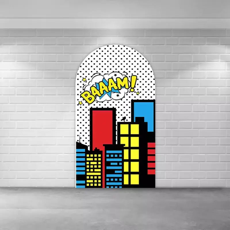 Left panel featuring comic city buildings in red, yellow, and blue with halftone dots and a “BAAAM!” explosion bubble—perfect for superhero parties.