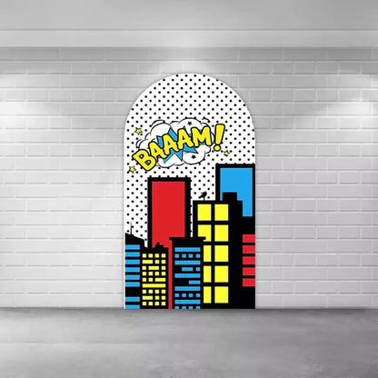 Left panel featuring comic city buildings in red, yellow, and blue with halftone dots and a “BAAAM!” explosion bubble—perfect for superhero parties.
