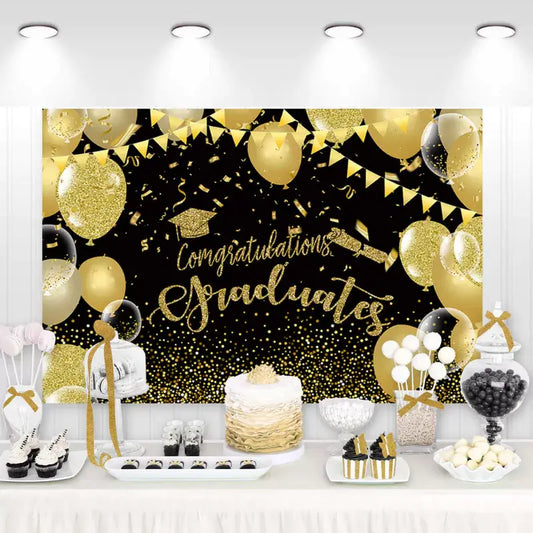 Congratulations Graduates" backdrop with gold and black design, featuring balloons and confetti, perfect for graduation celebrations