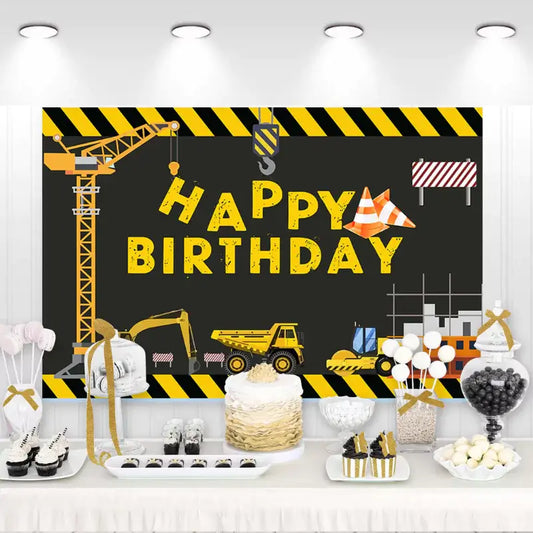 Construction birthday party backdrop with crane, dump truck, excavator, and caution tape design – perfect for boys who love construction vehicles.