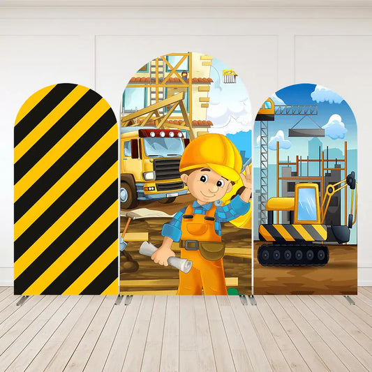 Three-panel construction-themed party arch backdrop with cartoon builder boy, excavator, yellow and black caution stripes, and building site design.