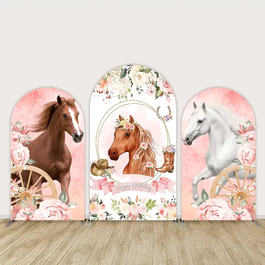 Three-panel horse-themed arch backdrop set with brown and white horses, roses, wagon wheels, and floral “Happy Birthday” centerpiece.