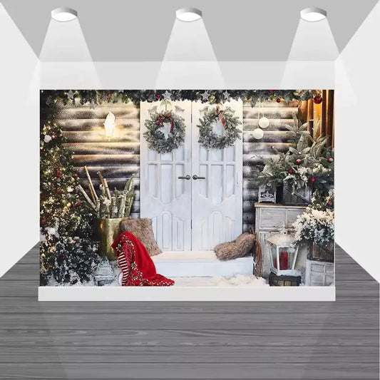 Holiday-themed photo backdrop depicting a white front door surrounded by festive decorations and a snowy setting