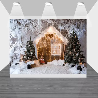 Cozy winter cabin scene with twinkle lights, snow-covered pines, and decorative bunny figure – ideal backdrop for festive or seasonal events