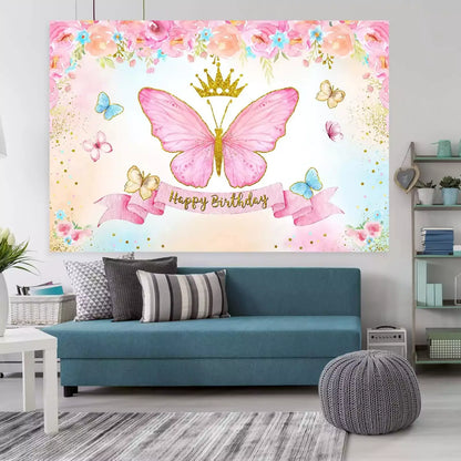 Happy birthday backdrop with pink floral patterns, butterflies, and a golden crown, perfect for a princess-themed birthday party.