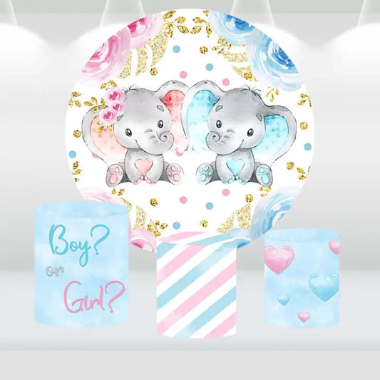 Elephant-themed gender reveal round backdrop with three matching cylindrical pedestal covers featuring pink and blue hearts and 'Boy or Girl?' text.