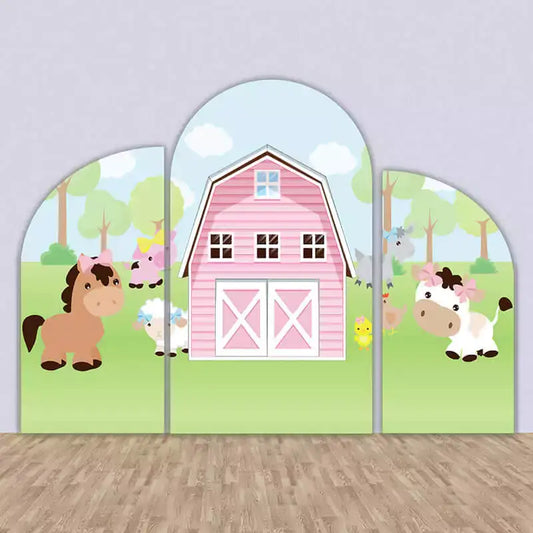 Set of three arched backdrops featuring a pink barn, cartoon farm animals, and a green pasture background, perfect for kids' farm-themed parties