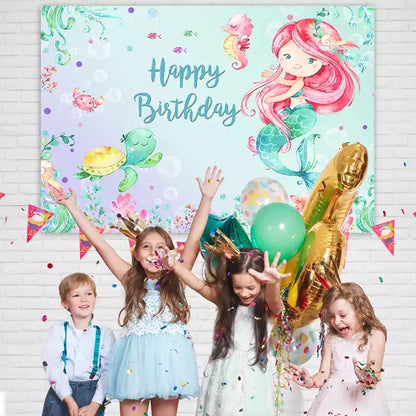 Mermaid and sea animals party banner with pastel ocean background, happy birthday text, and watercolor-style sea life – great for magical birthdays.