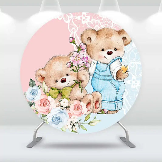 Cute teddy bears holding flowers with a pastel pink and blue background – ideal for kids' parties or baby showers.