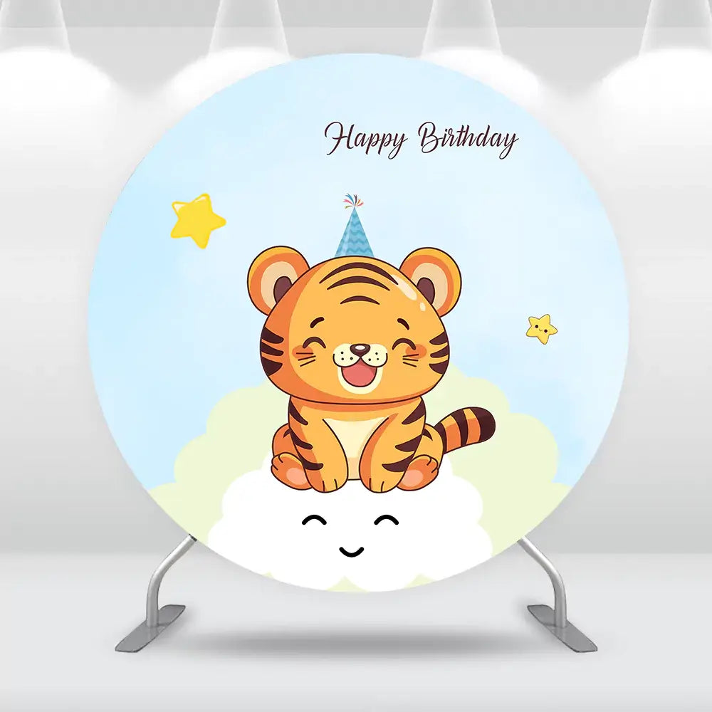Happy birthday backdrop featuring an adorable tiger illustration in a playful, kid-friendly design.