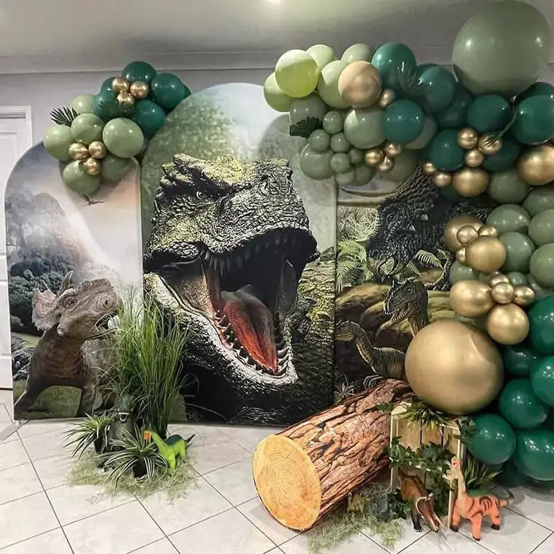 Set of three arched dinosaur backdrops featuring realistic prehistoric landscapes with various dinosaurs.