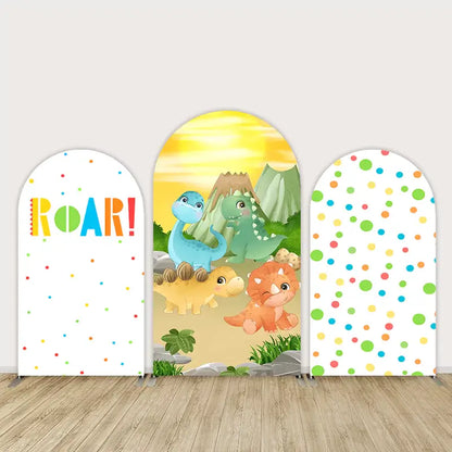 Bright and playful dinosaur backdrop set featuring cartoon dinosaurs, volcano, and vibrant colors, ideal for kids’ birthday parties