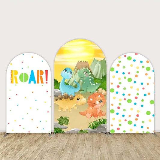 Bright and playful dinosaur backdrop set featuring cartoon dinosaurs, volcano, and vibrant colors, ideal for kids’ birthday parties