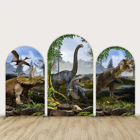 Dinosaur jungle backdrop with realistic dinosaurs in a lush, prehistoric landscape, perfect for a dino-themed party.