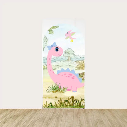 Pink cartoon dinosaur with a bow, standing in a grassy prehistoric setting with trees and sky in the background, ideal for a playful kids’ party.