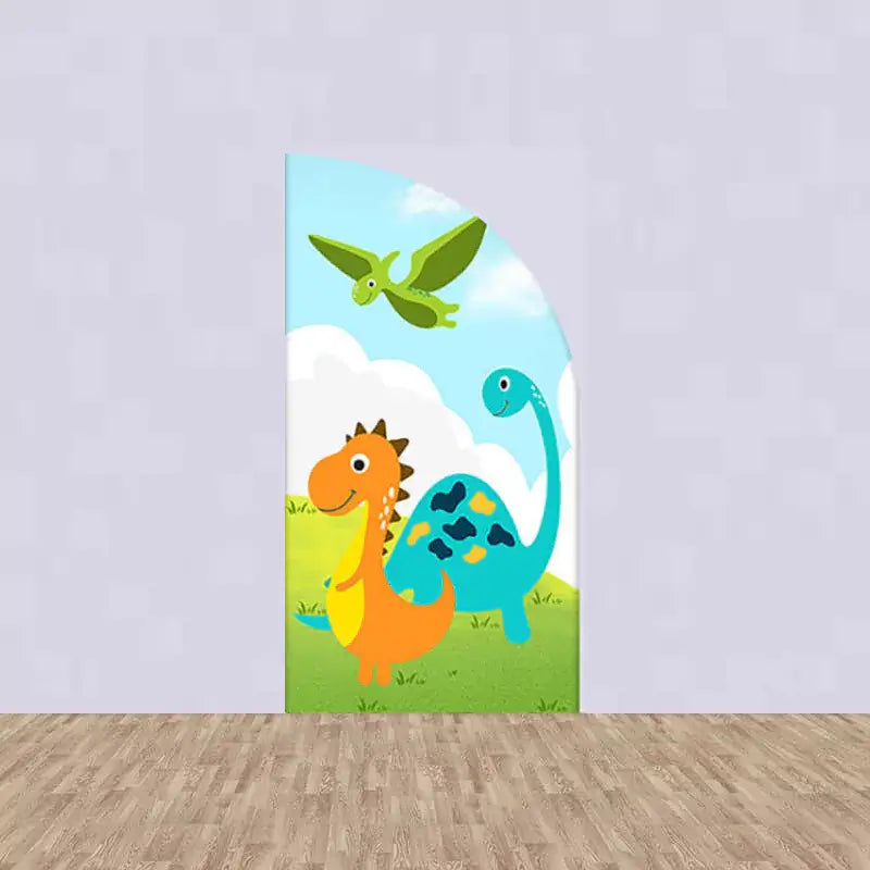 Right arched backdrop featuring an orange and blue dinosaur, with a flying green pterodactyl above, in a grassy landscape.