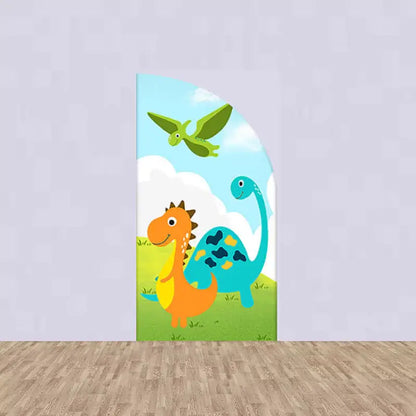 Right arched backdrop featuring an orange and blue dinosaur, with a flying green pterodactyl above, in a grassy landscape.