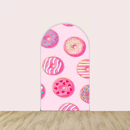 Right panel with assorted donuts including heart sprinkles, icing swirls, and pastel toppings on pink.