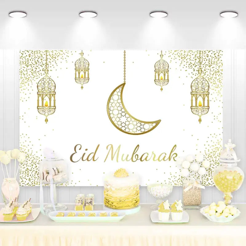 Luxurious Eid Mubarak backdrop featuring a golden crescent moon, lanterns, and festive decor, ideal for celebrating Eid in style.