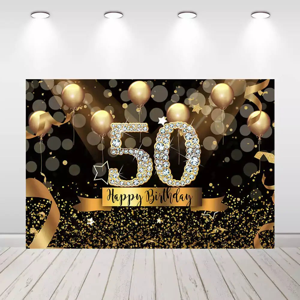 Milestone 50th birthday backdrop featuring gold balloons and glitter accents.