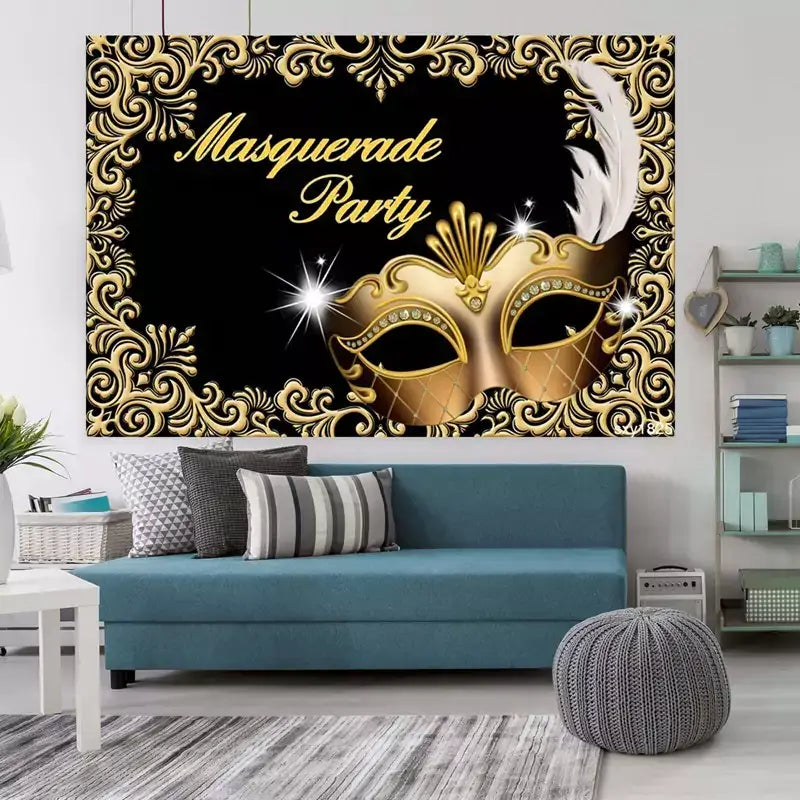 Sophisticated masquerade party banner with golden mask, black background, and decorative gold border – perfect for gala events and formal celebrations.