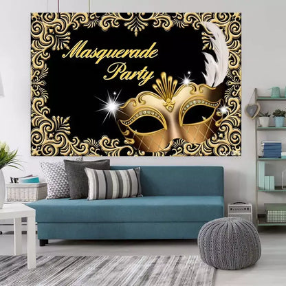 Sophisticated masquerade party banner with golden mask, black background, and decorative gold border – perfect for gala events and formal celebrations.
