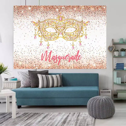 Masquerade ball backdrop featuring a golden mask with pink jewels and rose gold glitter – ideal for a luxurious and sophisticated party.