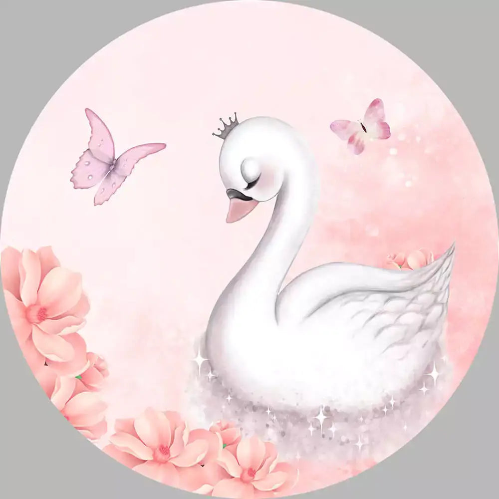 Swan-themed party backdrop featuring a white swan, pink butterflies, and flowers for elegant event decor