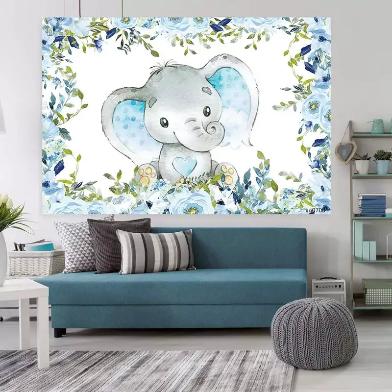 Blue floral birthday backdrop with baby elephant and watercolor design – great for a baby shower, first birthday, or toddler celebration.