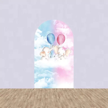 Center panel featuring two baby elephants in the clouds holding blue and pink balloons – perfect for gender reveal party decoration.