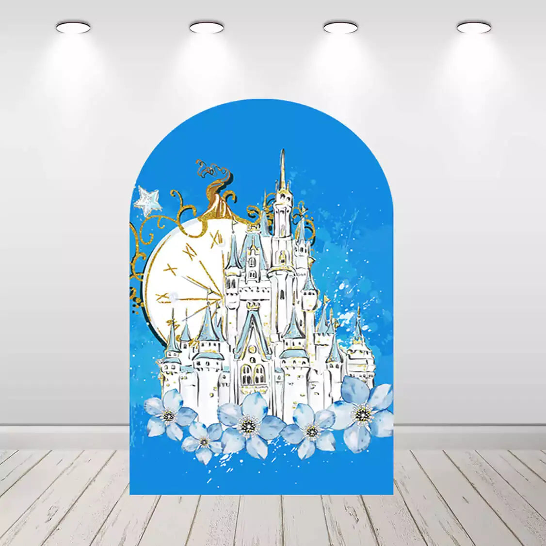 Center arched backdrop with an enchanted castle illustration, golden clock, and blue flowers, ideal for a fairytale or royal-themed celebration.