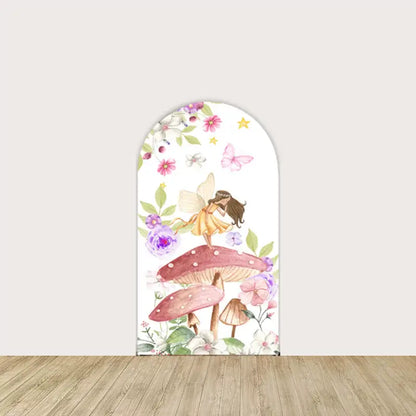 Whimsical backdrop with a fairy sitting on a pink mushroom surrounded by flowers and butterflies, creating a magical forest feel.