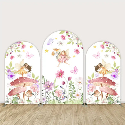 Three-panel fairy garden arch backdrop set with pastel flowers, butterflies, toadstools, and whimsical fairies—ideal for magical birthday parties.
