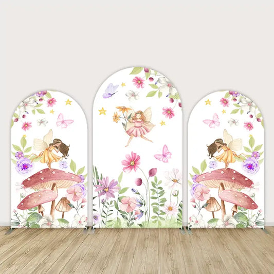 Three-panel fairy garden arch backdrop set with pastel flowers, butterflies, toadstools, and whimsical fairies—ideal for magical birthday parties.