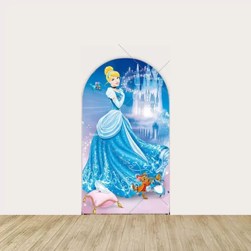 Left backdrop featuring Cinderella in her blue gown with a bird and mouse friends, adding a magical touch for a princess-themed birthday.