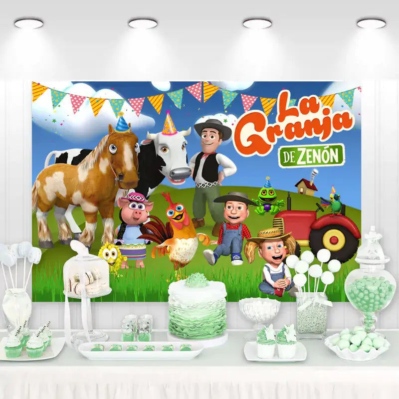 Colorful birthday party backdrop featuring cartoon farm animals, including a horse, cow, and chickens, set against a festive farm scene.