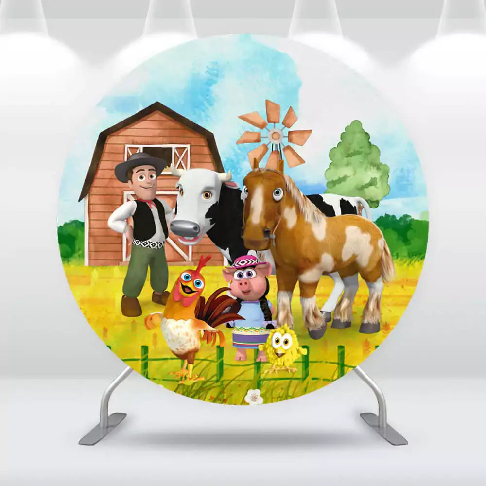 Colorful farm animals party backdrop featuring a barn, cow, horse, and chicken