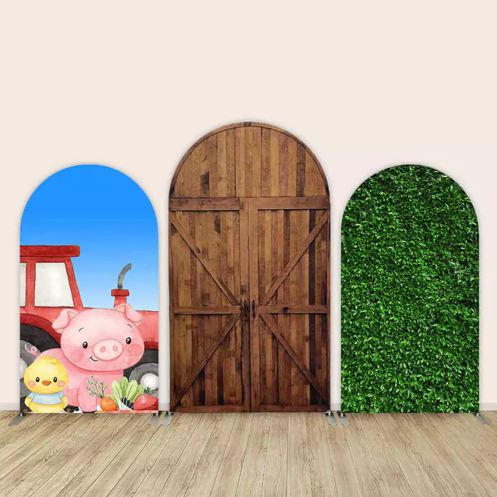 Farm Animals Double-Sided Arch Cover Photo Backdrop Wood Barn Truck Photography Background Green Leaves Polyester Photo Studio Props