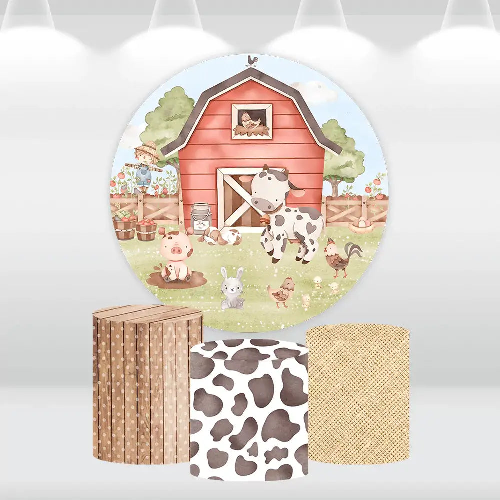 Complete farm decoration set with barnyard backdrop and matching cylinder covers, ideal for birthday or baby shower celebrations.