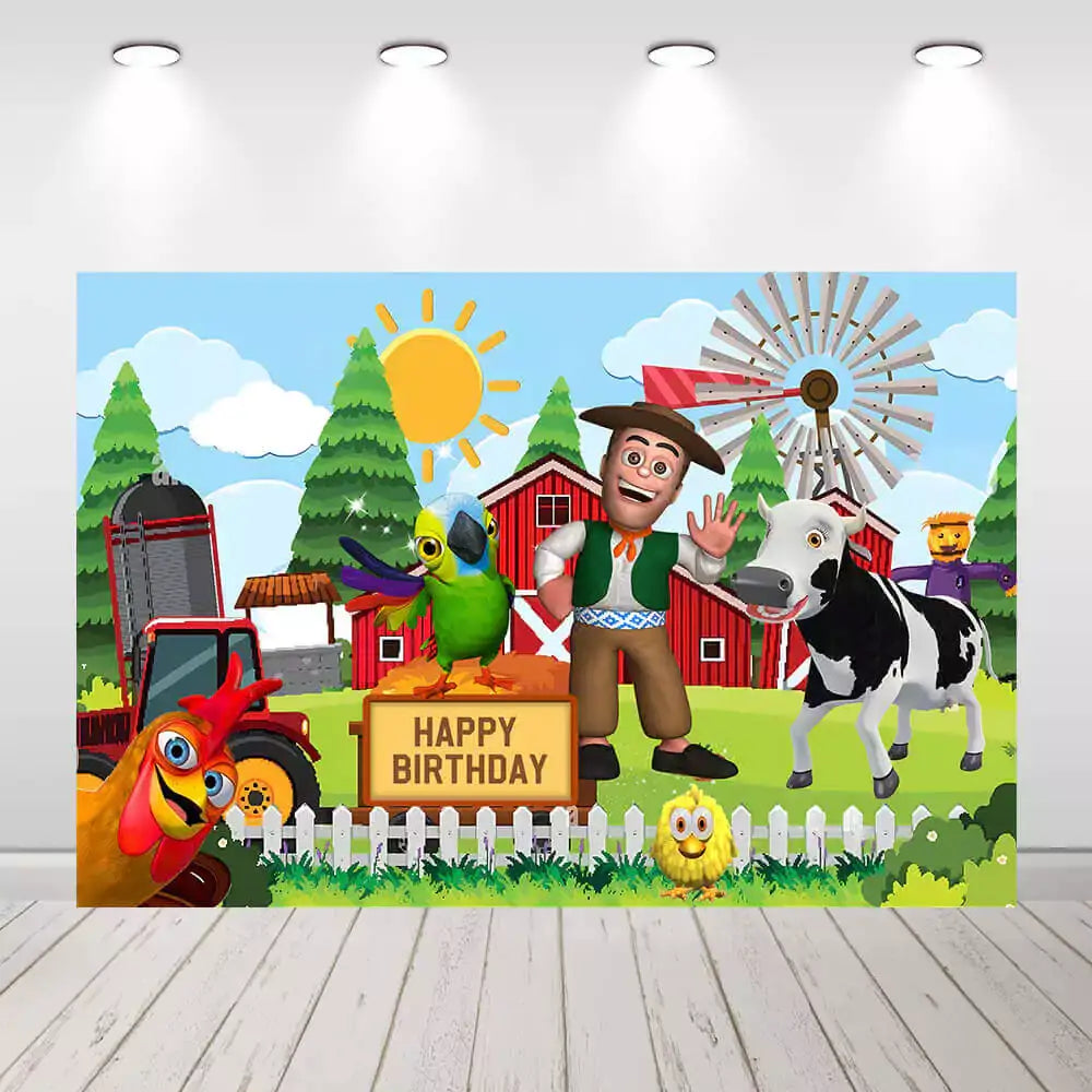 Farm-themed birthday backdrop with animals, a farmer, and a barn, perfect for kids' birthday parties.