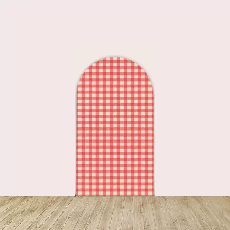 Red and white gingham pattern arched backdrop, adding a classic picnic-style look to farm and barnyard-themed parties.